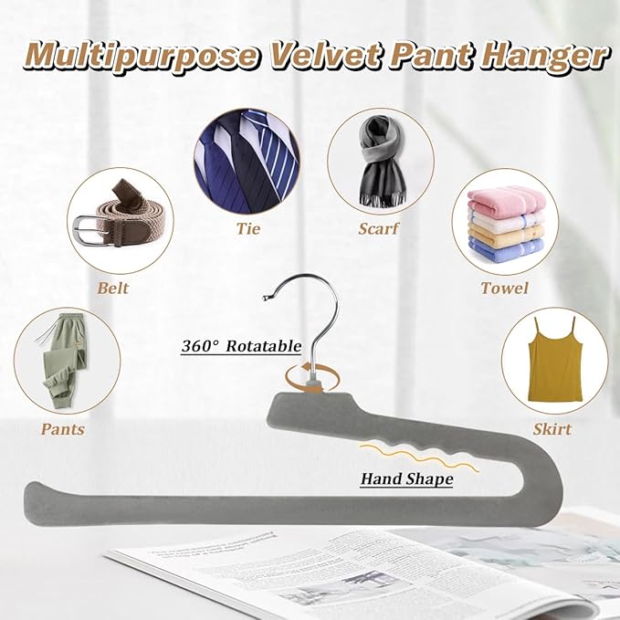 Velvet Pant Hangers Open End, 16 Pack Non Slip Non Crease Felt Slack/Jeans Trouser Hangers,Slim & Sleek Heavy Duty Space Saving Closet Hanger with 360° Swivel Hook (Gray)