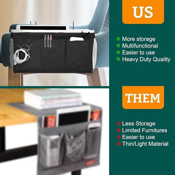 Bedside Caddy Organizer Hanging Storage Bag with Pockets for Books, Magazines, Phone, Tablet & Water Bottle – 2-Pack Bedside Storage for Dorm Rooms, Bunk Beds, Hospital Beds & Cribs, Black