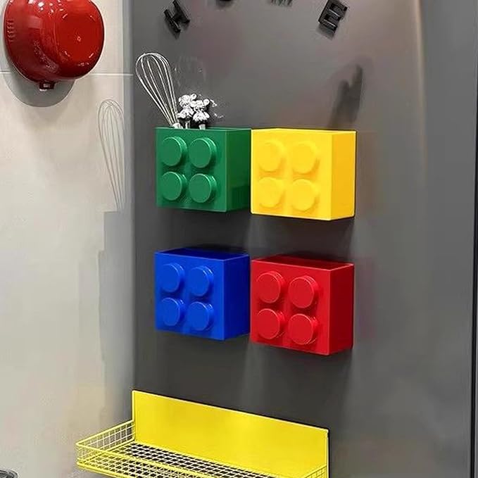 Magnetic Basket Organizer for Fridge - Lego-Style ABS Plastic Storage Box,No Drill Design for Kitchen Counter, Microwave & Whiteboard, Holds Up to 3.5 lbs (Green)