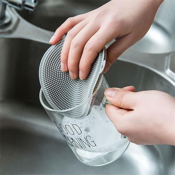 4PCS Silicone Dish Scrubber, Multipurpose Round Silicone Sponges Reusable Dish Brush Dish Brush for Kitchen Dish Dishes Fruits Vegetables(Gray)