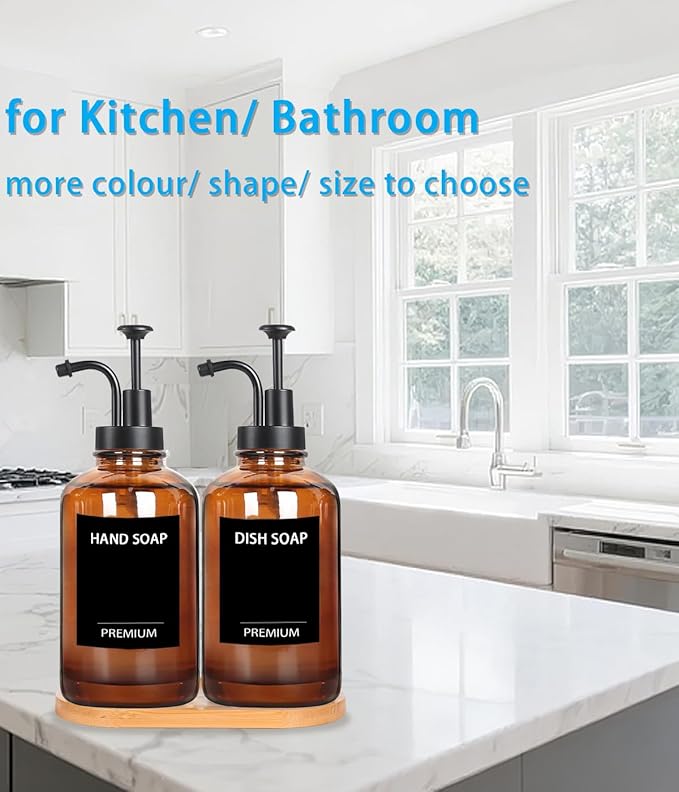 Amber 18 Oz Dish Soap Dispenser for Kitchen, Ultra-Thick Glass Soap Dispenser Set with Tray, Pump, Funnel for Bathroom, Liquid, Lotion, Shower, Laundry, (2 Pack with 12 Stickers)