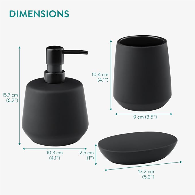 Navaris Ceramic Bathroom Sink Accessories Set - Complete 3pc Matte Black Accessory Set - Soap Dispenser, Toothbrush Holder and Tray - Sets for Bathrooms, Vanity, and Kitchen Sinks