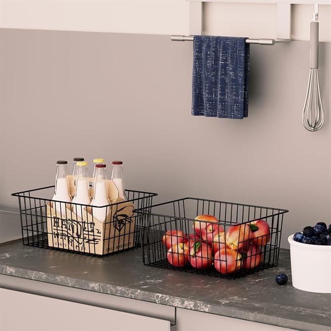 SANNO Large Freezer Baskets Metal Storage Organizer Bin Basket Wire Storage Basket for Kitchen Pantry Bathroom Large Metal Farmhouse Food Fruit Produce Organizer Bins,black,4