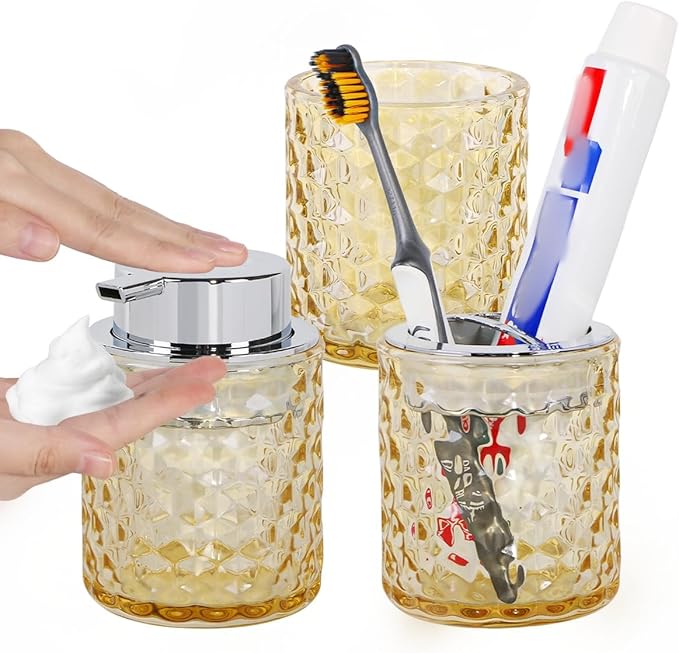 Bathroom Accessories Set, 3pcs Amber Glass Bathroom Accessory Set, Toothbrush Holder, Foaming Soap Dispenser and Tumbler, Silver Bathroom Decor Sets for Organizer, Home Apartment Gift