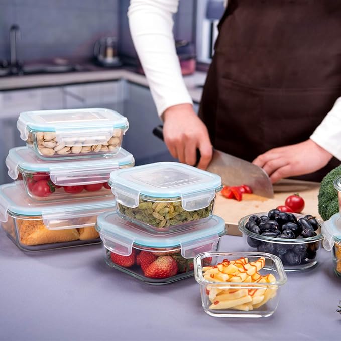 Glass Food Storage Containers with Lids, [18 Piece] Glass Meal Prep Containers, Containers for Food Storage with Lids, BPA Free & Leak Proof (9 Lid & 9 Container)