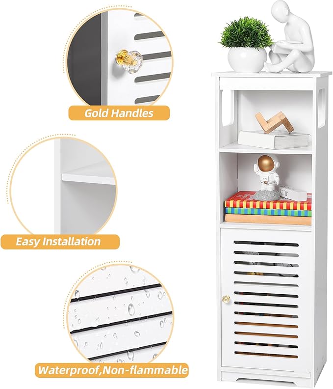 Small Bathroom Storage Cabinet, White Floor Standing Storage Cabinet Home Furniture Shelf,Suitable for Toilet Bedroom Kitchen Living Room
