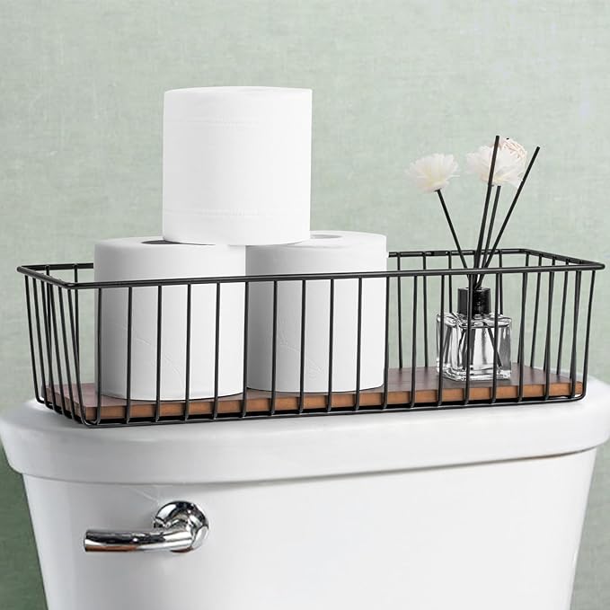 Wetheny Extra large Hanging Wire Basket with Detachable Wood Base and Steel Hooks - Farmhouse Décor Toilet Paper Basket - Wire Storage Organizer for Bathroom, Kitchen, Pantry, Garage ( 1 Pack)