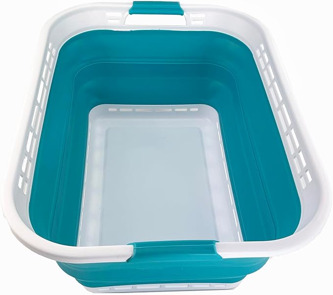 SAMMART 42L (11 Gallons) Collapsible Plastic Laundry Basket - Foldable Pop Up Storage Container/Organizer - Portable Washing Tub - Space Saving Hamper/Basket (White/Ceramic Blue)