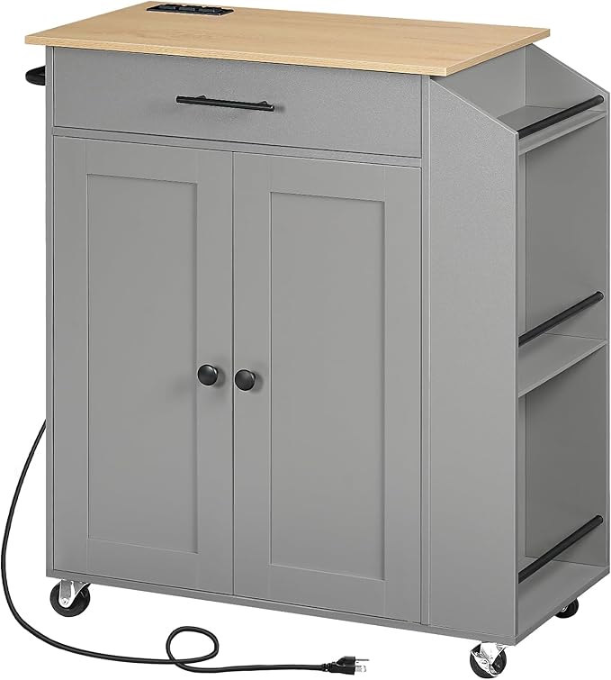 HOOBRO Kitchen Island with Power Outlet, Storage Island with Spice Rack and Drawer, Rolling Kitchen Cart on Wheels, for Home, Dining Room, Natural and Gray GN82UZD01