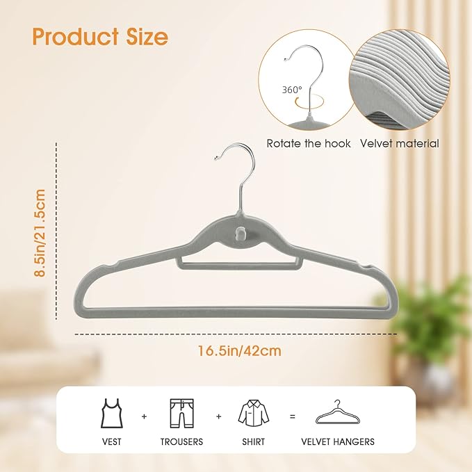 Velvet Clothing Hangers Slim Stackable Non-Slip Grey Suit Hanger Space Saving Clothes Hanger Heavy Duty Adult Hangers with 360°Swivel Hook Pack of 20