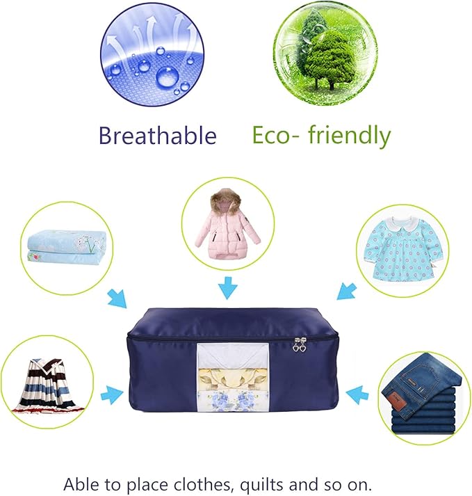Comforter Storage Bags Pack of 2,Pillow Beddings/Blanket Clothes Organizer Storage Containers with Zippers,Breathable and Moistureproof(Navy blue 2pcs, XXL)