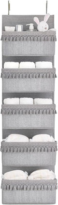 Dahey Over The Door Organizer Boho Nursery Storage Decor Closet Hanging Organizer with Tassels Decoration for Bedroom Nursery Bathroom Apartments Dorm Pantry, 5 Pockets, Grey