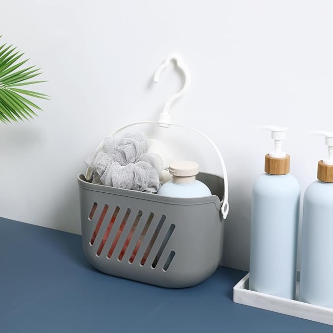 DECHOUS Small Plastic Hanging Storage Basket with 360 Rotation Hook - Grey Hanging Shower Caddy Basket for Bathroom Shampoo, Kitchen Essentials Organizer