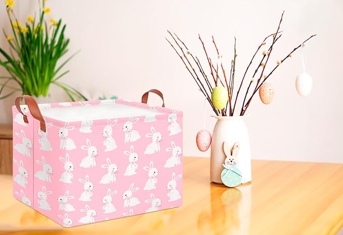CLOCOR Rectangular Pink Easter Gift Basket Empty,Waterproof Easter Bunny Bakset for Egg Hunting(Pink Easter Bunny)