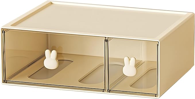 Desktop Storage Drawers, Plastic Desk Organizer with 2 Drawers, Modular Stackable Toolbox Units for Office Stationary, Makeup Container, Bathroom Countertop (1 Tall Layer, Cream & Clear)