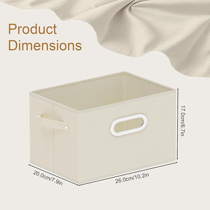 Foldable Cloth Basket with 3 Handles, Decorative Open Storage Boxes, Stackable Cube Organization, Fabric Bins for Shelves, Closet, Living Room, 10.2x7.9x6.7in, Beige, 2 Pack