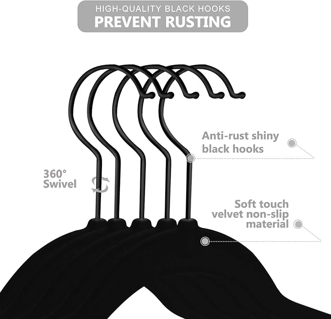 MIZGI Baby Velvet Hangers,Non-Slip Kids & Toddler Hangers,11.8 Inch Hangers for Baby Clothes,Pack of 50(Black/Black)