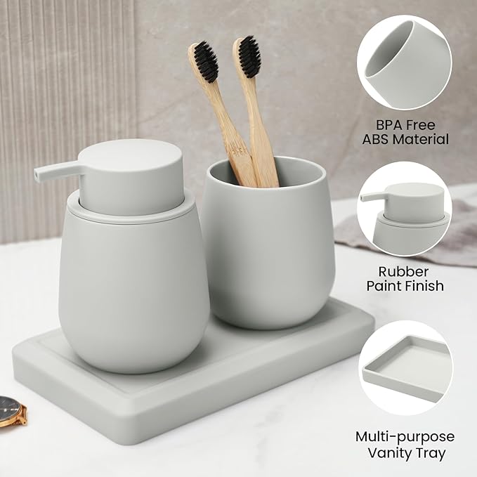 Bathroom Accessories Set, Modern 3 Pcs Bathroom Essentials - Soap Dispenser, Toothbrush Holder & Tray, Countertop Vanity Organizer (Beige)