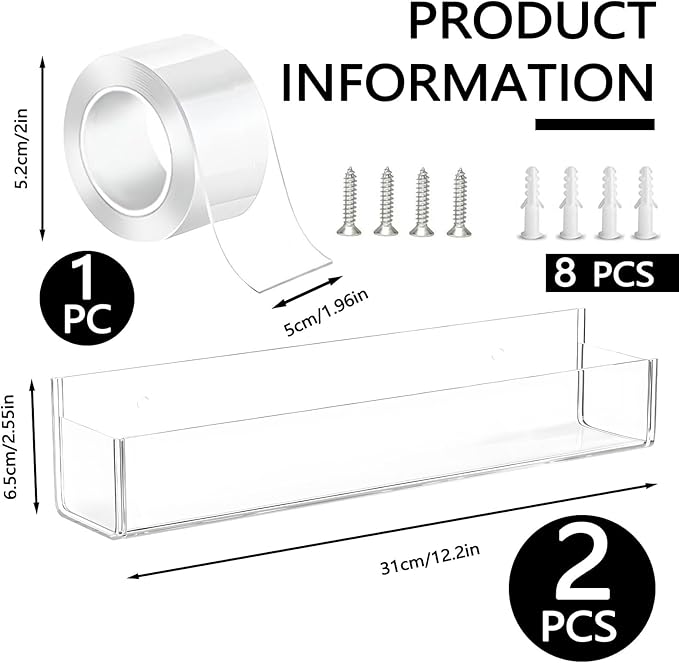 2 Pieces Adhesive Acrylic Wall Mount Spice Rack Organizer Shelf, Clear Holder Hanging Spice Rack for Wall Kitchen Cabinet Office Bathroom Invisible with Double Sided Tape Screws