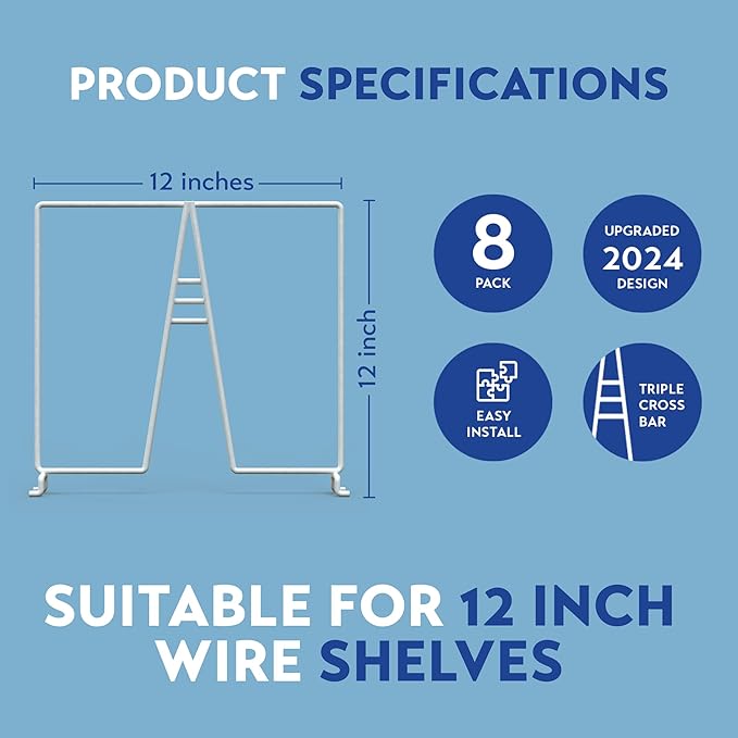 Tall White Wire Shelf Dividers for Closet Organization – Sturdy and Easy Set-Up Closet Shelf Dividers with Bonus Rose Gold Hanger (12 inch Wire Shelves, 24-Pack)