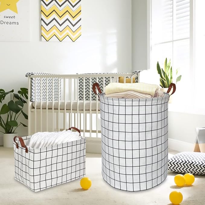 CLOCOR Rectangular Storage Basket,Collapsible Cute Pattern Storage Bin,Waterproof Coating Storage Box with Handles,Gift Baskets,Shelf Basket (white checks)