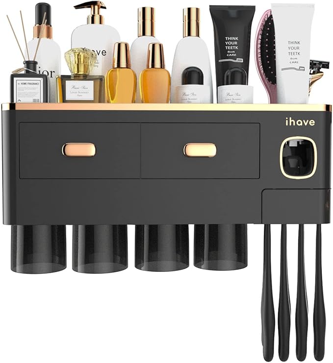 iHave Toothbrush Holders Wall Mounted with Toothpaste Dispenser & 4 Cups - Luxury Black and Gold Design for Bathroom Decor, All-in-One Bathroom Organizers & Storage for Toothbrushes and Accessories