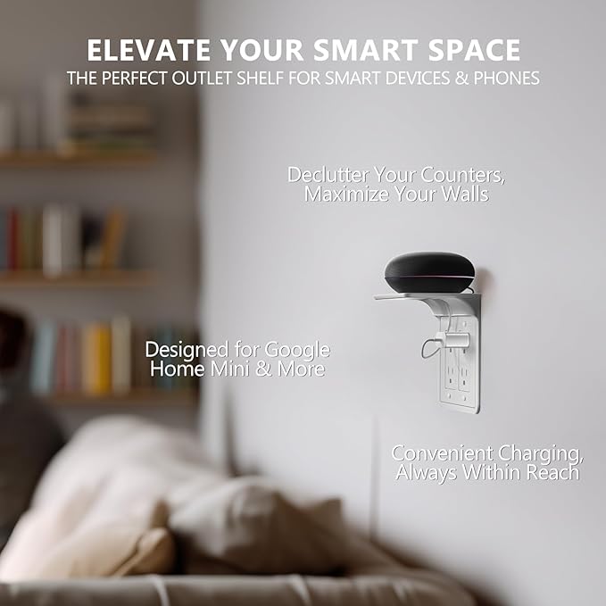 WALI Double Outlet Shelf Wall Holder – Bathroom Shelf Duplex for Electric Toothbrush, HomePod Mini, Echo Dot & Phone Charging – White (DLS001)
