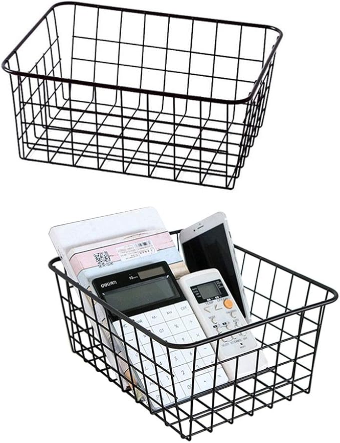 Metal Wire Storage Basket with Handles for Kitchen Food Pantry Papers Home Office Desk Shelf Bathroom Laundry Room Shelf Bedroom Bed Room, 2PCS (Black)