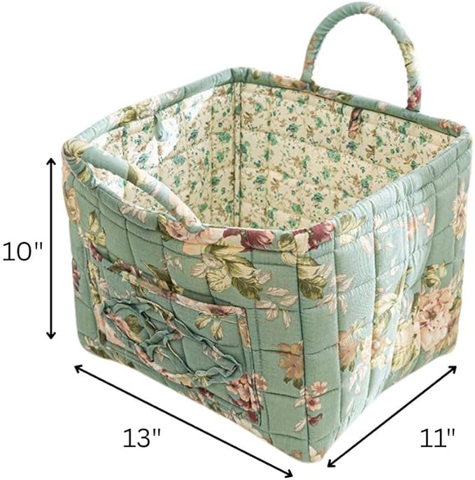 Quilted Fabric Storage Basket with Handles – Boho Foldable Floral Organizer Bin for Home, Picnic, Shopping, Travel 13"x11"x10" (Vintage Garden)