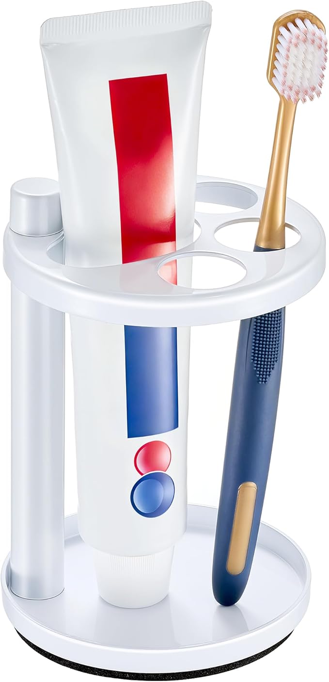 Toothbrush & Toothpaste Holder for Bathroom Countertop, Metal Electric Toothbrush Stand with Razor Slot, Ideal Design Caddy for Kids & Family, Stainless Steel Bathroom Accessories, White