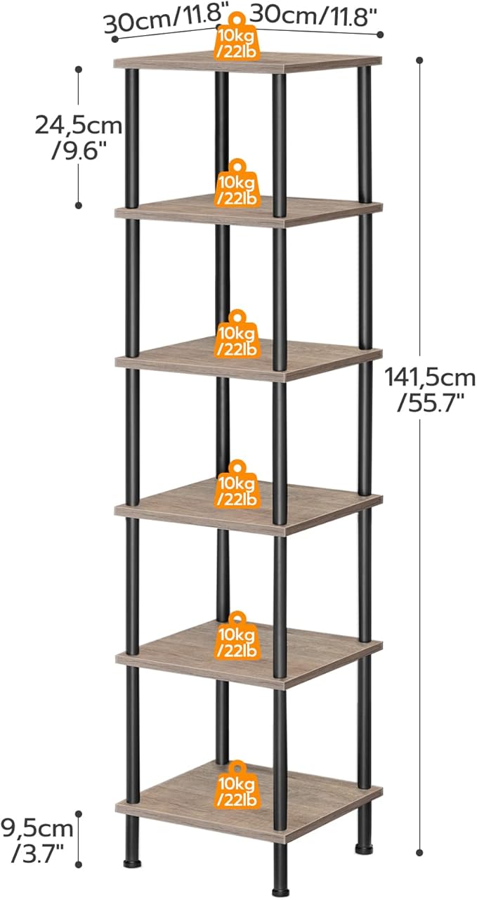 HOOBRO 6-Tier Corner Shelf, Corner Square Rack Display Shelf, Tall Storage Rack Plant Stand, Bookcase for Small Spaces, Living Room, Home Office, Kitchen, Greige and Black BG55CJ01