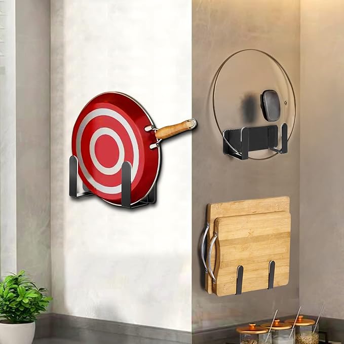 Pot Lid Rack, Wall Mounted 304 Stainless Steel Pan Lid Organizer Holder, Self Adhesive, Kitchen Cooking Utensil Tool (Black)