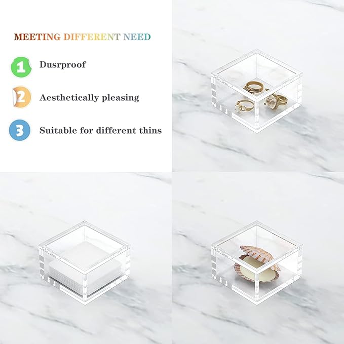 AITEE Small Acrylic Box with Lid, Clear Cube Display Case, Multi-Purpose Box Square for Holding Staples, Paper Clips, Stamps, Display in Office, Home