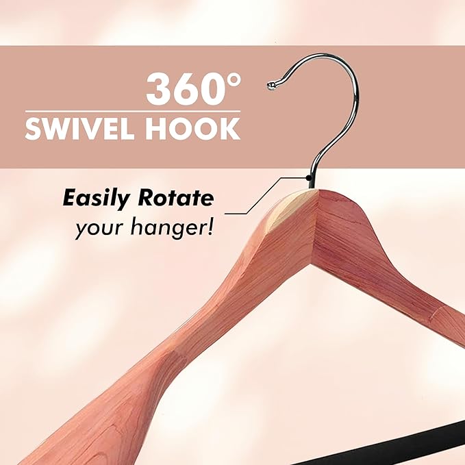DEILSY™ Cedar Hangers for Closet - 5 Pack Extra Wide Wooden Hangers for Suits, Coat, Dress, Jacket, Clothes Storage - Non Slip Foam Padded Pant Bar with 360° Swivel Hook, Aromatic American Cedar Wood