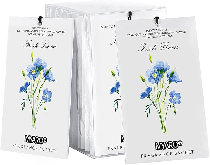MYARO 12 Pack Fresh Linen Scented Sachets for Drawer, Closet & Car Air Freshener Bags | Odor Eliminator & Fabric Refresher | Crisp, Clean Home Fragrance Gift Set