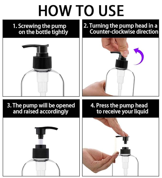 Empty Plastic Pump Bottles Dispenser 4 Pack 16oz/500ml Portable Clear BPA-Free Cylinder Shampoo Lotion Hand Pump Bottle Durable Refillable Containers