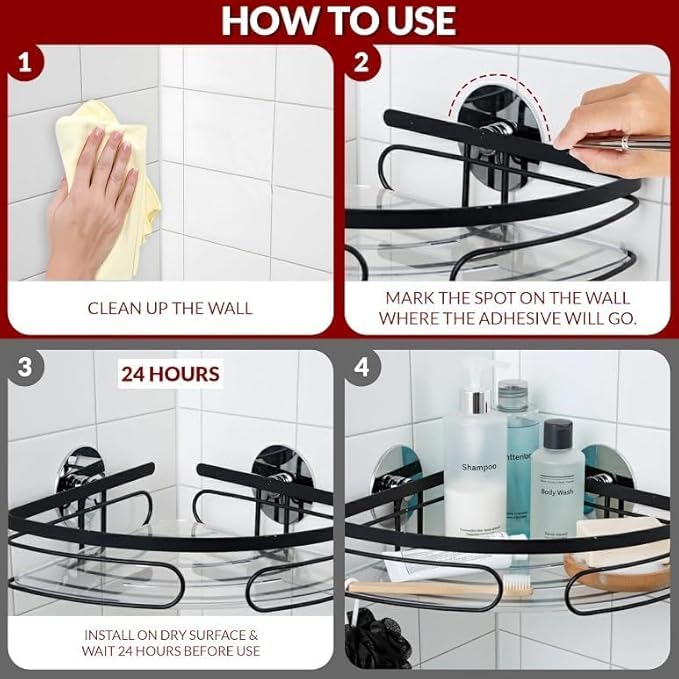 2-Pack Adhesive Corner Shower Caddy - Rustproof Bathroom Organizer with Strong Adhesives (Triangle, Black)