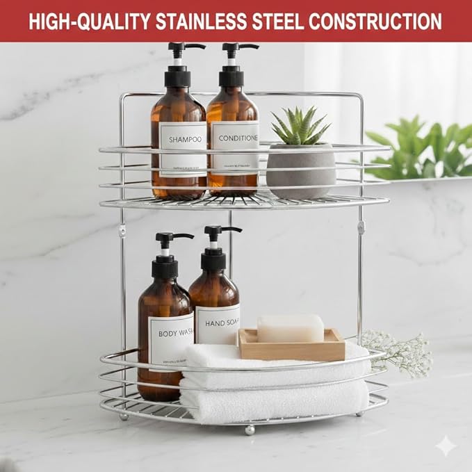 2-Tier Floor Standing Corner Shower Caddy - Stainless Steel Bathroom Organizer Includes Screws and Anchors - Freestanding or Wall-Mounted Caddy - Silver (2-Layer, Triangle)