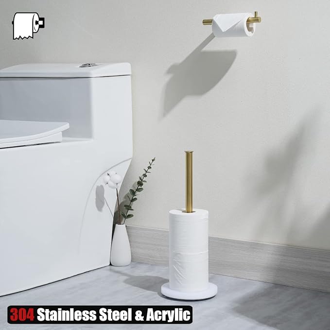 JQK Toilet Paper Storage Stand White Gold, 304 Stainless Steel Tissue Reserve Holder Dispenser for Bathroom, Brushed Gold, TPS180-WG