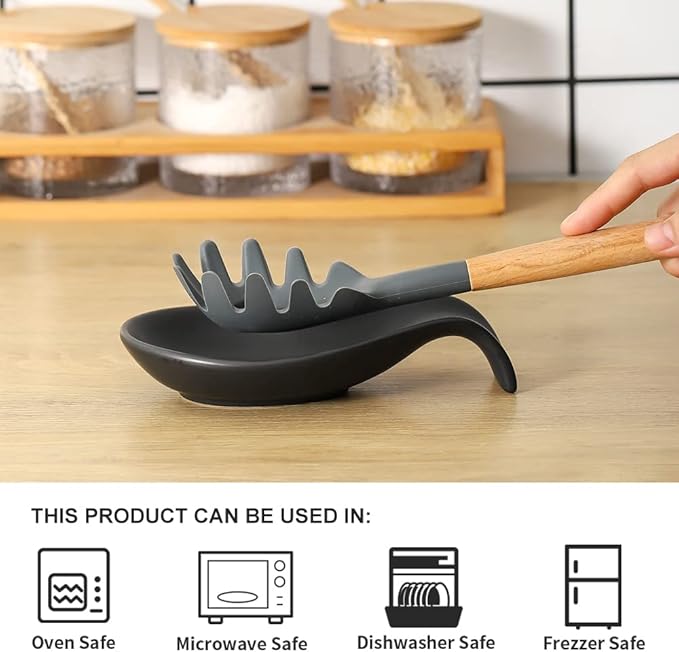 Nihow Pot Lid Holder and Spoon Rest for Kitchen Counter/Stove Top While Cooking - Heat Resistant & Dishwasher Safe - Elegant Matte Black Sets