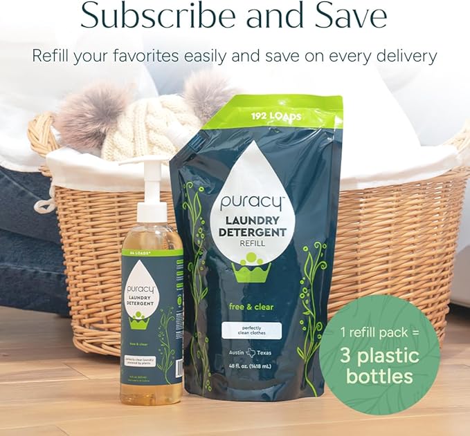 Puracy Laundry Detergent Refill - Enzyme-Powered Liquid Detergent Concentrate, Natural Laundry Detergent Seen on TikTok, Non-Toxic (Free & Clear, 48 fl oz, 192 Loads)