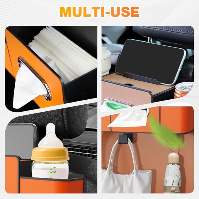 3-in-1 Car Backseat Organizer with Cup Holder, Tissue Box, Trash Bin & Hooks, 2026 Multifunctional Back Seat Car Organizer for Phones, Snacks, Drinks, and Handbags (white)
