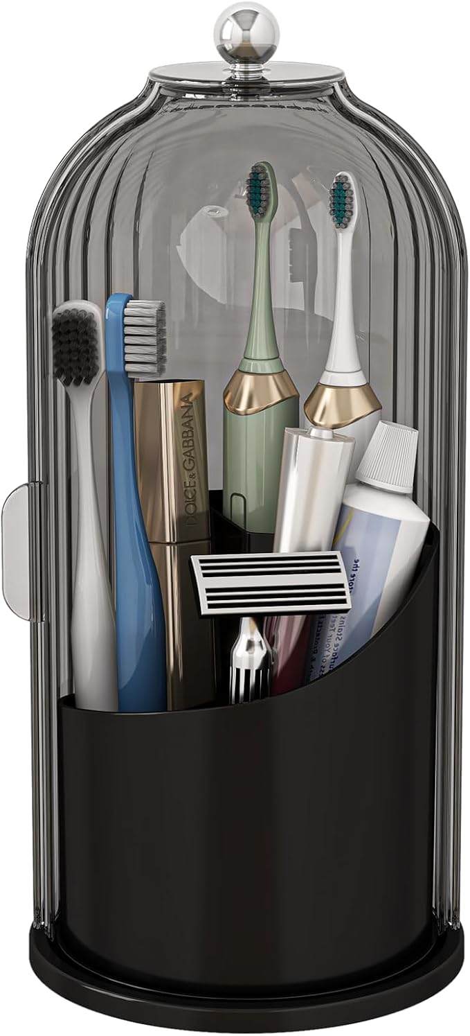 Zufudo Dustproof Toothbrush Holders with Cover, Rotating Electric Toothbrush and Toothpaste Holder for Bathroom Countertop, 3 Slots Makeup Brushes Organizer, Grey Black