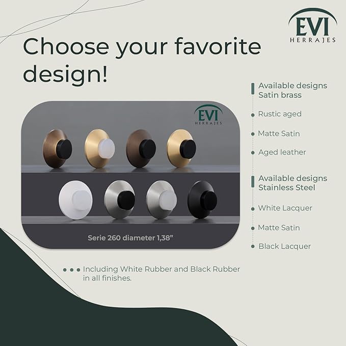 Evi Herrajes | Adhesive Door Stop | Wall Mounted | 1,37x0,59" | Matt Brass | Conical Shape | Two Rubbers Included | Adhesive or Screw Installation