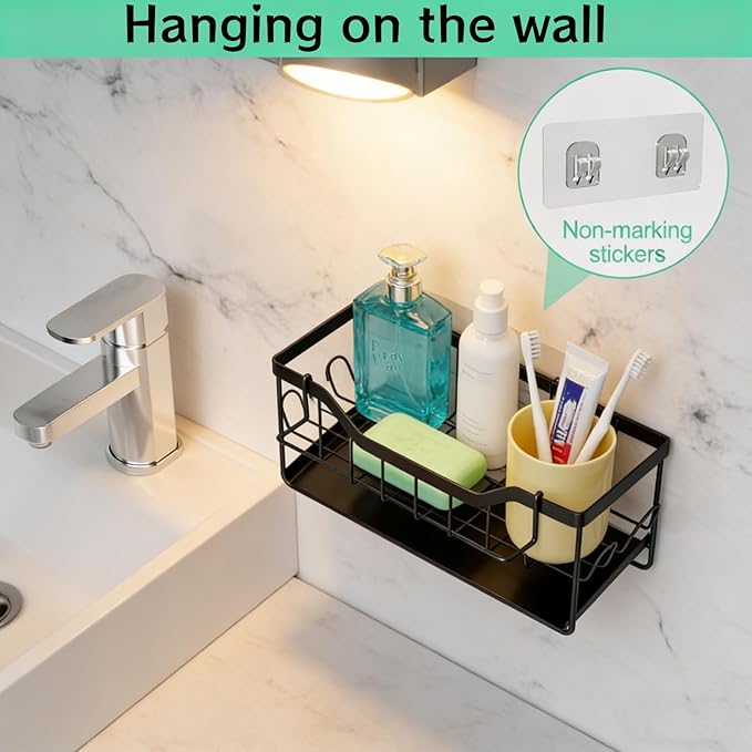 Sponge Holder for Kitchen Sink - Sink Caddy Organizer with Auto Drain Tray, Detachable Towel Rack, Stainless Steel Kitchen Counter Organizer Rack, Black
