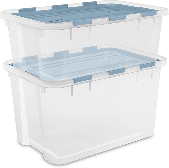 Sterilite 18 Pack Hinged Lid Storage Box, 40 Qt Plastic Container, Washed Blue - Home Organizer Tote for Storing Shoes, Crafts, Clothing, or Decor