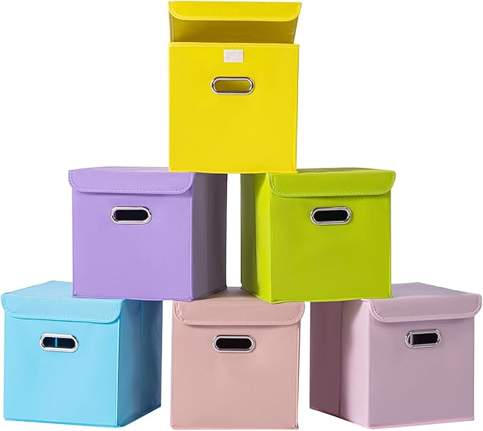 Closet Organizers Fabric Storage Bins With Lids Collapsible Cube Storage Organizer Basket With Handles,Storage Boxes for Clothes Storage,Office,Laundry,Shelves,6 Pack,(multicolour)