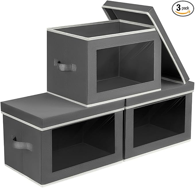 Storage Bins with Lids - Fabric Storage Boxes with Lids, Collapsible Storage Bins with Window, Decorative Closet Organizers and Storage for Clothes, Towels, Books, 3 Pack, Dark Grey