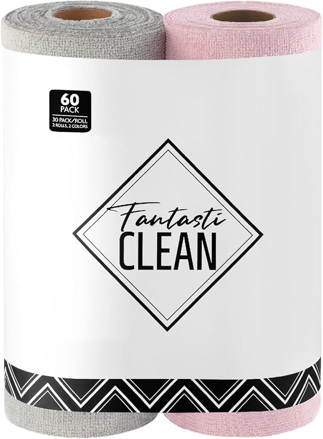 Fantasticlean Microfiber Cleaning Cloth Roll -60 Pack, Tear Away Microfiber Towels, 12" x 12", Reusable, Washable, Lint Free, Ultra Absorbent Dishcloth for All-Around Cleaning (Pink & Grey)