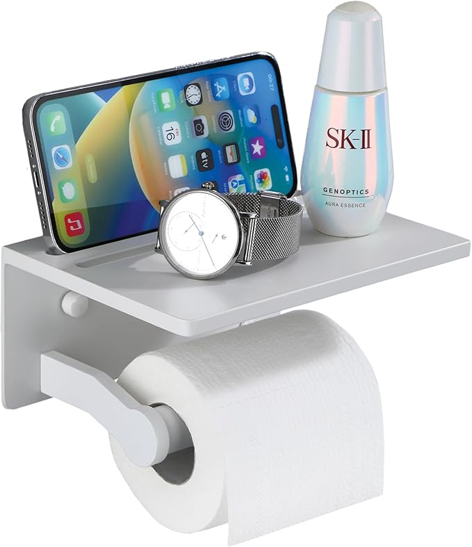 Homely Trove Toilet Paper Holder with Phone Shelf - Tissue Roll Holder Bathroom Storage Dispenser - Adhesive Toilet Paper Holder Wall Mount Bathroom Décor - Matte White